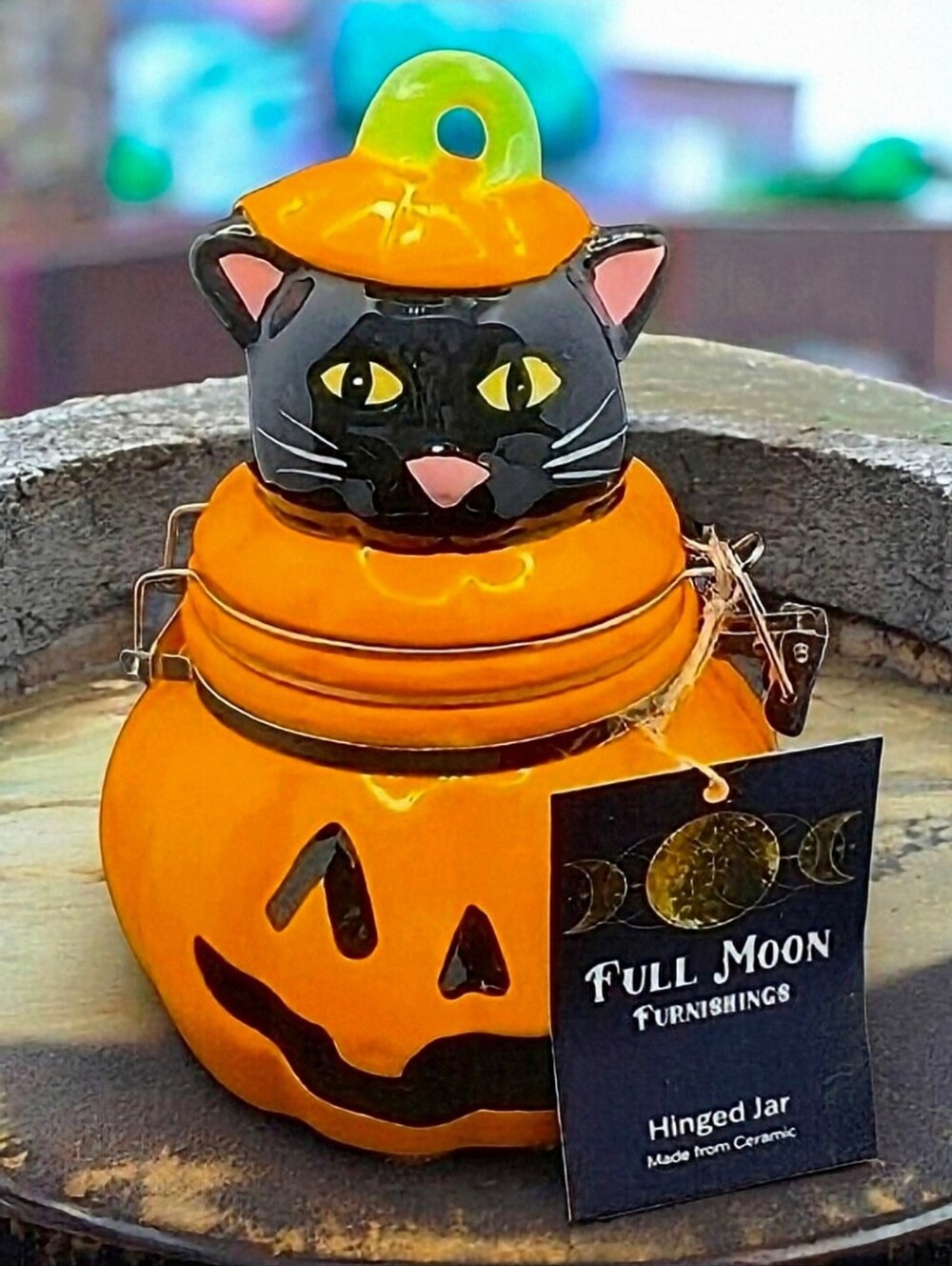 NWT. Full Moon Ceramic Black Cat Jack O' Latern Halloween Hinged Ceramic Jar